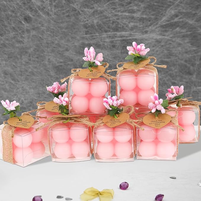 MTLEE 30 Sets Mini Bubble Candles Wedding Favors Gifts for Guests 1.57" x 1.38" Bubble Candles with Cards Dried Flowers DIY Gift Set for Baptism Party Bridal Shower Thank You Gifts (Pink)