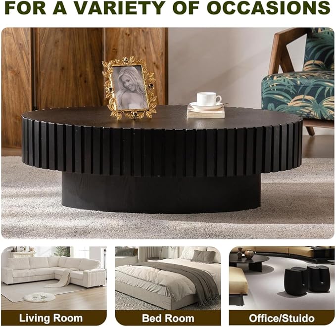 Oval Drum Coffee Table 43.3" Wooden Coffee Tables Modern Handcrafted Fluted Drum Center Table Farmhouse Tea Table with Pedestal for Living Room Small Space,Oval Black 43.3"