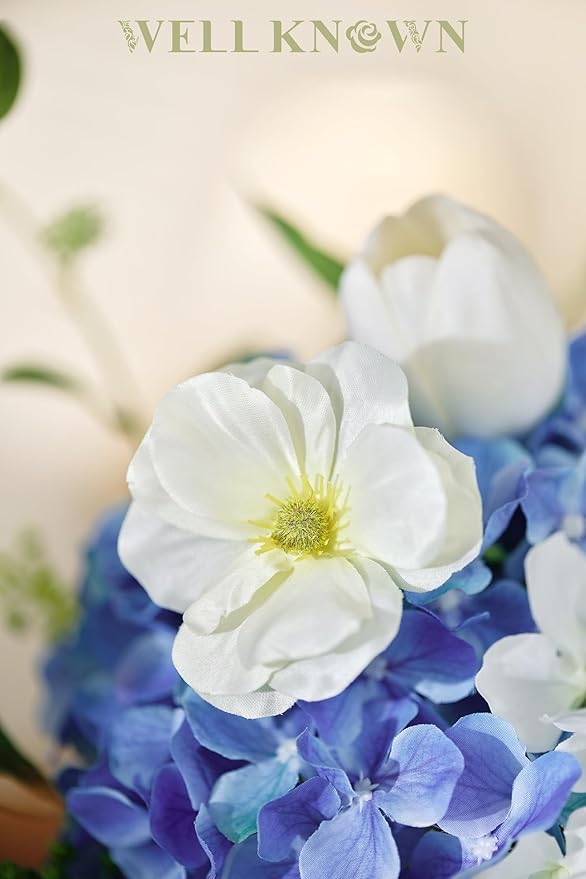 WELL KNOWN Artificial Flowers with Vase, Silk Hydrangea Bouquet and Peonies Artificial Flowers Table Centerpieces with Faux Water for Home Decor Fake Tulips Flower Arrangements for Table Decor (Blue)
