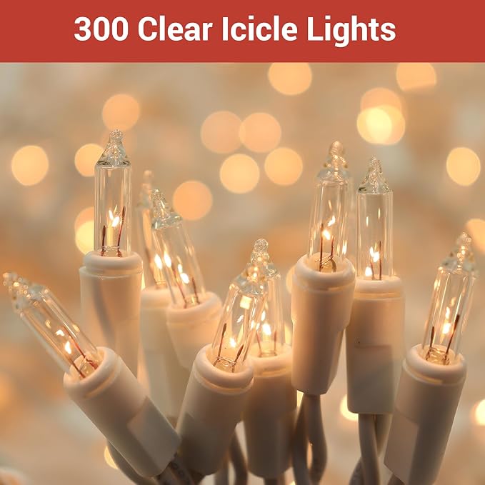 new one 2 Pack Icicle Christmas Lights for Outside Warm White 17.67FT 300 Incandescent Lights, Connectable String Lights with White Wire, 54 Drops