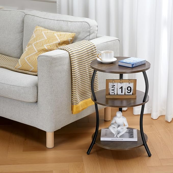 Round Side Table, 3-Tier Waist End Table with Storage Shelf, Side Tables Living Room,15.75x24’’Round Table, Sofa Side Table, Snack Table TV Tray Table, Vintage Nightstand for Bedroom,Grey