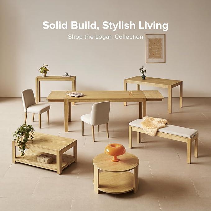 mopio Logan Solid Wood 2-Tier Round Coffee Table, Modern Farmhouse Solid Rubberwood with Light Wire Brush Rectangle Shaped Leg