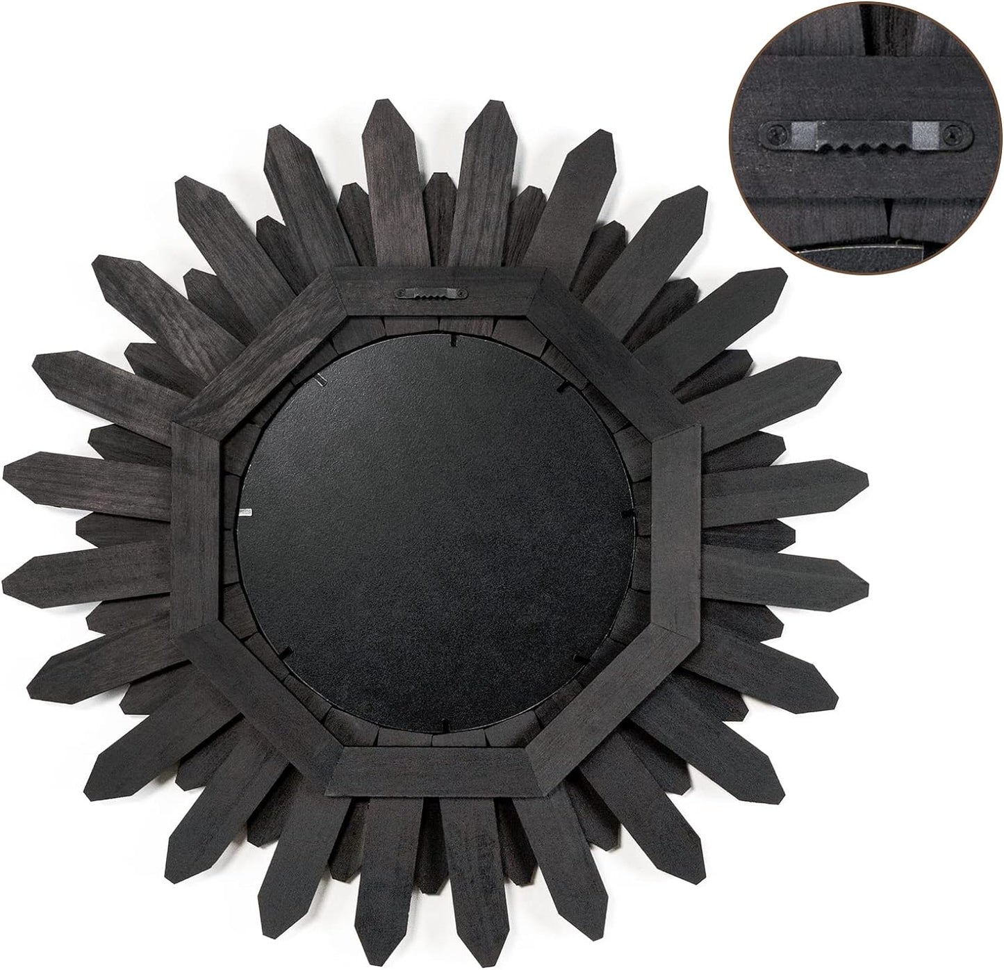Honiway 21 inch Black Wall Decor Vintage Mirror, Boho Style, Wooden Frame, Easy to Hang, Ideal Gift