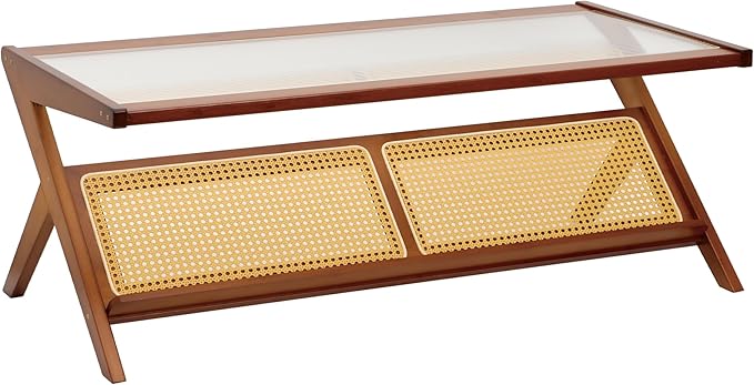 Bamboo Coffee Table, Accent Rattan Coffee Table with Glass Top, Mid-Century Wooden Center Tables, Modern Sofa Side Tea Tables with Storage for Living Room, Walnut