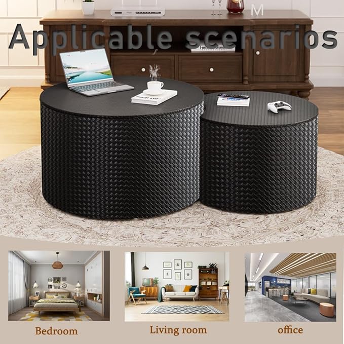 Nesting Coffee Table Set of 2 Modern Round Coffee Table with Hidden Storage Round Side Table Drum Accent End Tables for Living Room, Bedroom (Black)