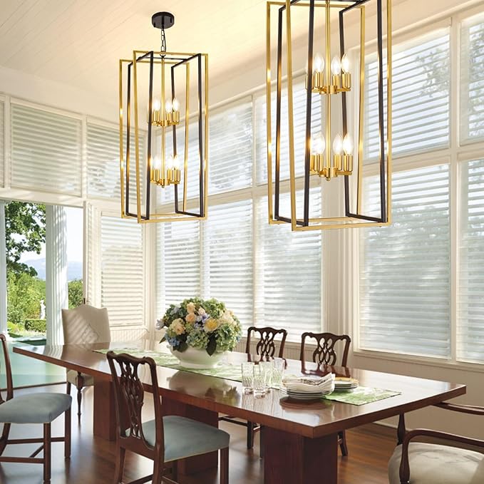 Black and Gold Chandelier, 8-Light Tiered Lantern Pendant Light Fixtures, Industrial Foyer Lighting Fixtures, Large Long Chandeliers for High Ceilings, Farmhouse Chandelier for Staircase, Entryway