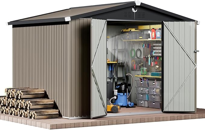10x8 FT Outdoor Storage Shed, Metal Sheds & Outdoor Storage, Waterproof Sheds with Lockable Doors for Backyard (Brown, No Window)