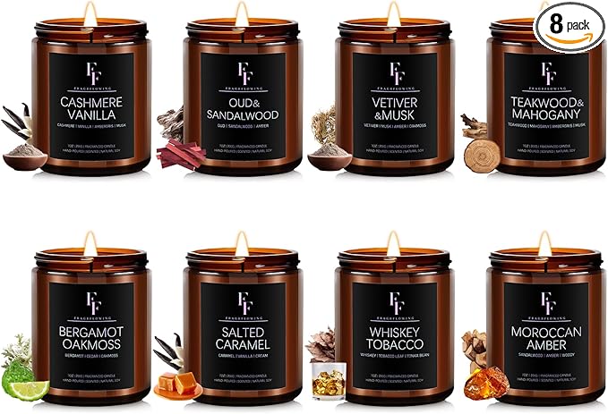 Scented Candles Set, Soy Wax Candles 8 Pack 56 Oz Aromatherapy Candles Gift Set for Women Men (Vanilla/Sandalwood/Amber/Mahogany/Vetiver/Bergamot/Caramel/Whiskey)