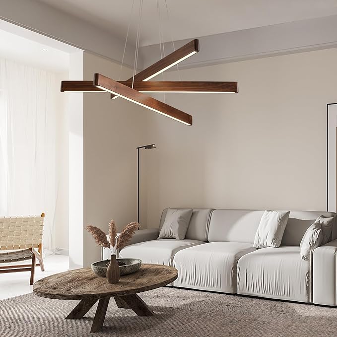 3-Light Linear Pendant,Dining Room Light Fixture,Modern Led Chandeliers for Living Room,Dimmable Wood Ceiling Pendant Light,45W for Living Room,Dining Room,Kitchen Island,Walnut Color