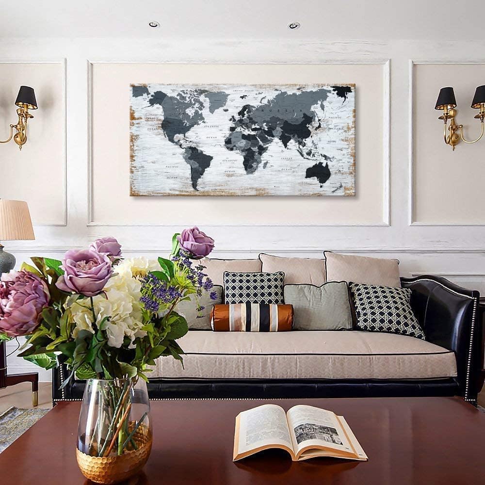 World Map Canvas Wall Art Decor Black Wall Decor Office World Map Wall Art World Pictures for Living Room Wall Decoration Map of the world Picture Framed Artwork Decor for Home Bedroom Decoration