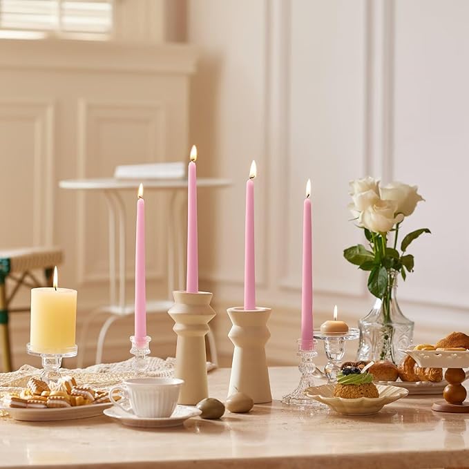 10-Inch Tall Dripless Taper Candles Set of 4 - Pink Tapered Candles, Perfect for Spring - Smokeless, Unscented, Long Burning - Hand Poured, Colored Tall Candlesticks - Light Pink