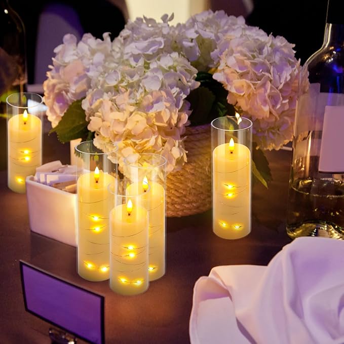 24 Pack Acrylic Flameless Candles,with Embedded Star String, Battery Operated Candles Flickering LED Pillar Candles with Remote Control and Timer, Ideal for Indoor/Outdoor Decor,Wedding,BBQ and Gift.