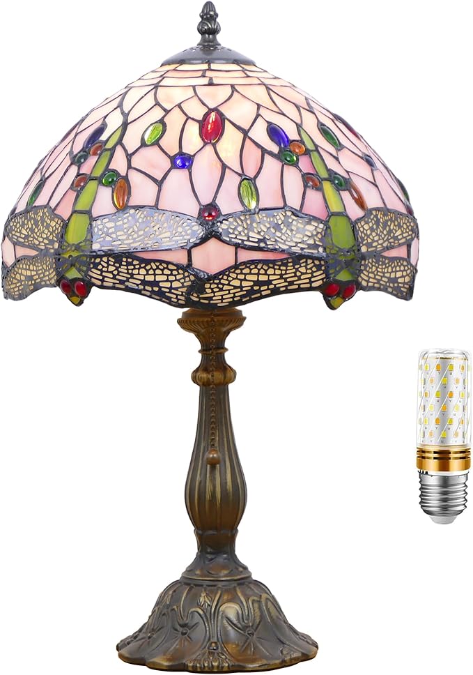 Tiffany Lamp Stained Glass Table Lamp Antique Bedside Reading Light W12H19 Inches (Pink Dragonfly)