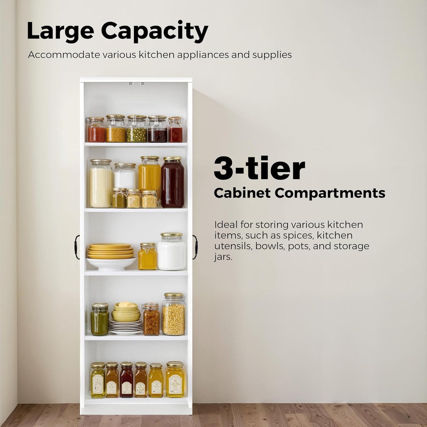 Storage Cabinet/Pantry cabinets, Soft White Finish, 71" Tall Wood Cupboard with 2 Door and 3 Adjustable Shelves for Kitchen, Dining Room, Living Room, Bathroom (Style 1)