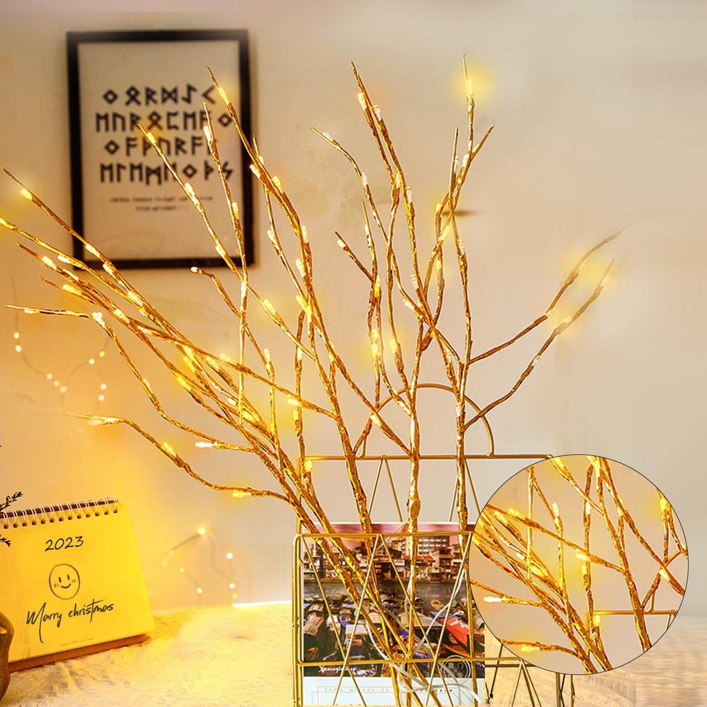 DK177 4 Pack Led Branch Light Battery Operated Lighted Branch Vase Filler Willow Tree Artificial Little Twig Power Golden 30 Inch 20 LED for Home Romantic Decoration (Gold-Warm White)