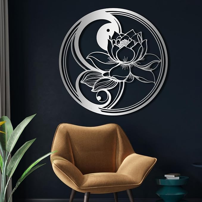 Yin Yang Lotus Flower Metal Wall Art, Metal Lotus Flower Wall Decor, Yin Yang Metal Wall Art, Yoga Sign Wall Art, Metal Wall Art for Living Room, Bedroom, Yoga Studio (Black, 19"x18"/47x46cm, metal wall art)