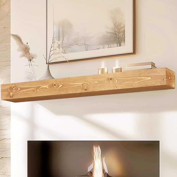 72x8x5 Fireplace Mantel - Handcrafted Rustic Solid Wood Wall Mounted Floating Shelf with Invisible Heavy Duty Wood Bracket (Natural)