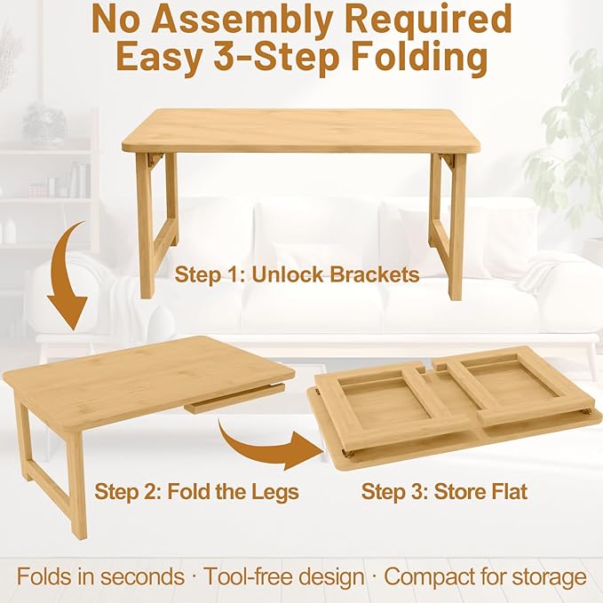 Japanese Floor Table, Bamboo Folding Coffee Table, Portable Solid Wood Japanese Tatami Tea Table Table, No Assembly Japanese Dining Table for Sitting on The Floor, Easy Storage (Natural)