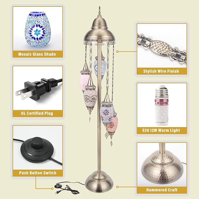 Turkish Floor Lamp, 154CM Moroccan Bohemian Style Living Room Decor, Handcrafted Mosaic Metal Base, Includes 5 Olive Shape Lampshades (XGL Floor-01)