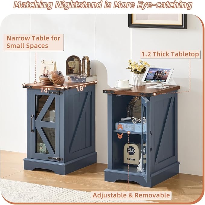Narrow Night Stand for Small Spaces, Farmhouse End Side Table with Glass Barn Door Storage, Wood Bedside Tables, Blue Nightstand Cabinet for Living Room Bedroom Dorm