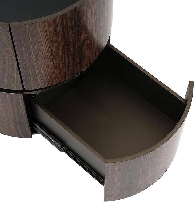 WILLIAMSPACE 15.75" Round Small Coffee Table with Double Storage Drawers & Tempered Glass Top, Modern Accent Side Table Retro Style End Sofa Table for Living Room Apartment, Black+Brown