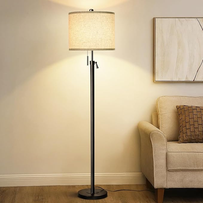 Adjustable Height Floor Lamp for Living Room, Black Standing Lamp for Bedroom Office, Modern Tall Lamp with Linen Shade, 3-Way Dimmable 8W 3000K LED Blub Included (Black)