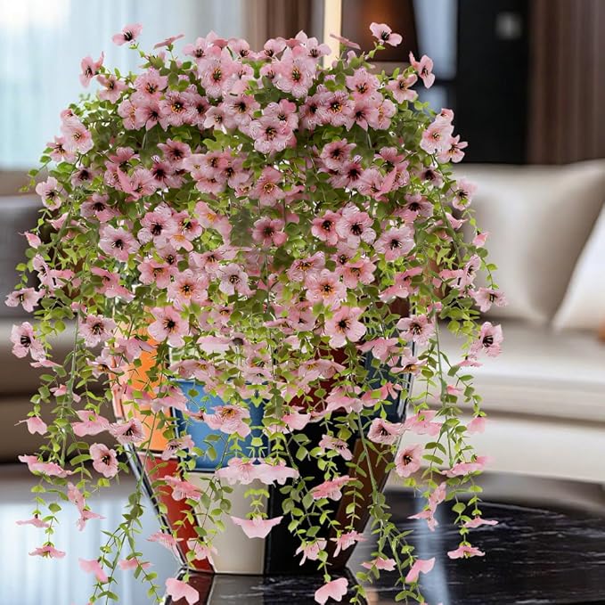 EROCK Artificial Flowers for Outdoors, 4PCS Fake Silk Hanging Flowers for Decoration UV & Fading Resistant, Realistic Faux Plants & Flowers for Porch Patio Balcony Window Box Home Decor (Pink)