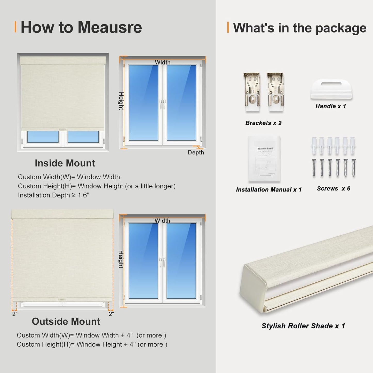 Persilux Blackout Shades for Windows Cordless Roller Blinds, Roller Windows Shades for Home with Fabric Attached Valance, UV Protections Easy Installation for Door/Office, Limestone(32.5" W x 84" H)
