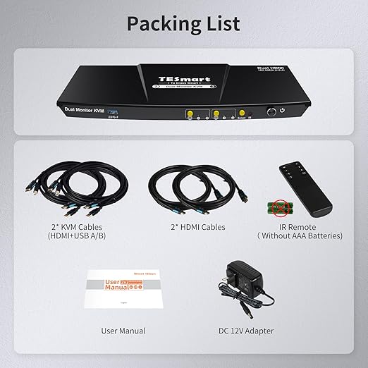 TESmart USB 3.0 HDMI KVM Switch 2 Monitors 2 Computers 4K@60Hz, Dual Monitor KVM Switch HDMI 2 Port Extended Display, Audio&Microphone, EDID Emulators, Hotkey Switch, Button Switch with Input Cables