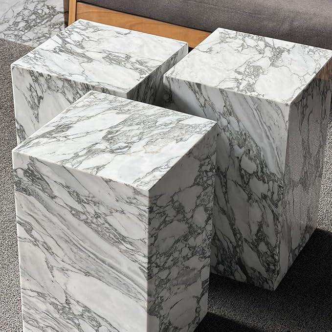 Luxury Marble Side Table,Square End Table for Modern Sofa and Bed, Living Room, Sofa, Bedroom(Arabescato)