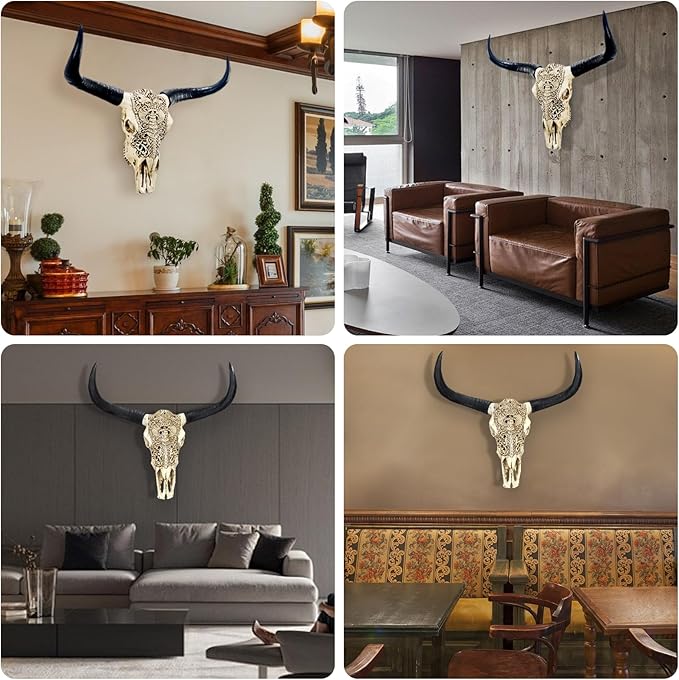 Cow Skull Wall Decor,Long Horn Cow Skull Wall Hanging,Cow Skull Wall Hanging Decor,Faux Taxidermy Head Wall Decor,Simulation Large Bull's Head Boho Style,Decor Wall Sculpture for Home Office (White)