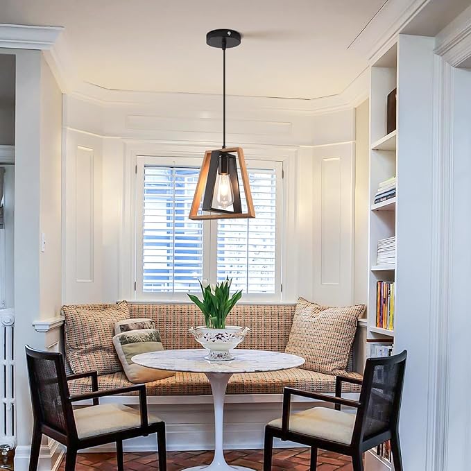 3 Pack Kitchen Island Pendant Lights, Black Industrial Metal and Vintage Wood Hanging Light, Mini Farmhouse Chandelier, Adjustable Height Rustic Ceiling Lamp for Entryway, Dining Room, Foyer