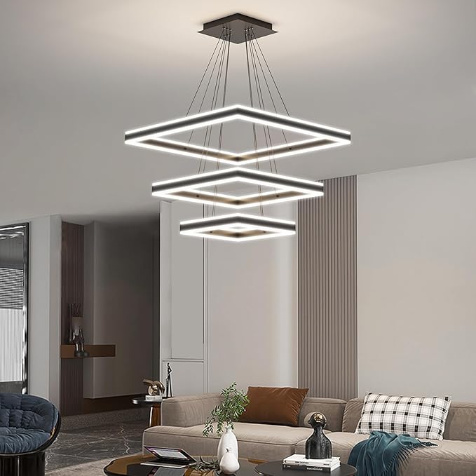 Modern Pendant Light Fixture, 3 Layer Square Black LED Chandelier for Dining Room Table, Dimmable 3000K-6500K, Adjustable Height Kitchen Island Ceiling Hanging Lighting for Living Room Bedroom