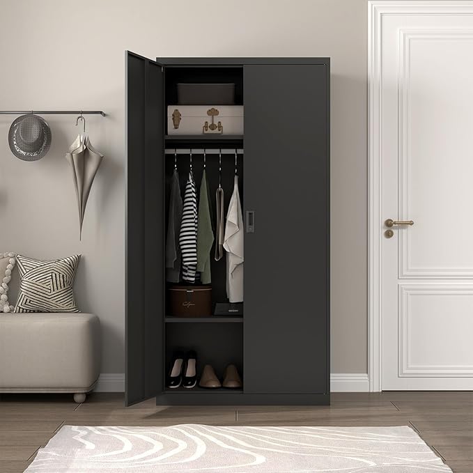 Wardrobe Storage Cabinets,Black Armoire Wardrobe Closet with Lock,Metal Storage Cabinet for Living/Laundry Room