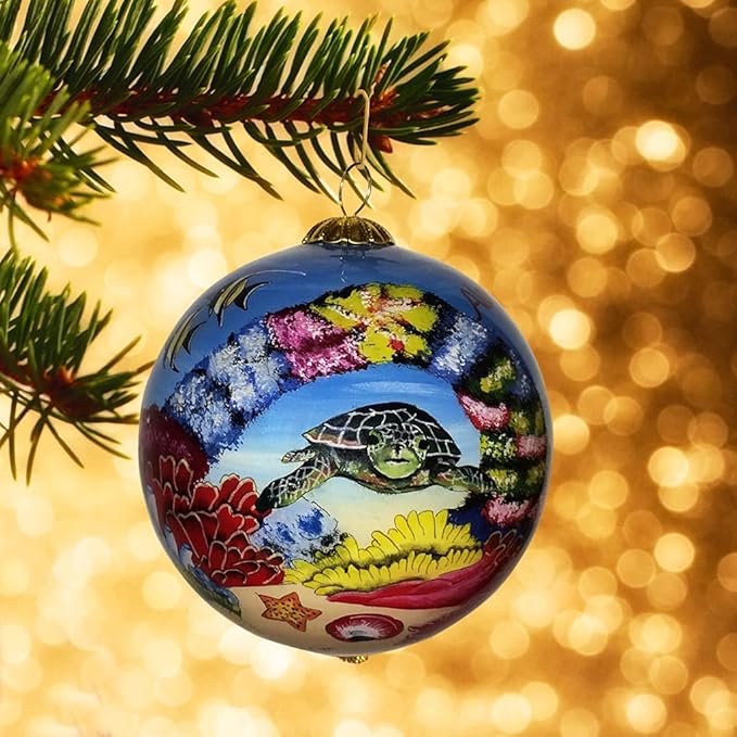 Collectible Hawaiian Sea Turtles Ornament Collectible, Hand Painted from Inside The Glass TA/H
