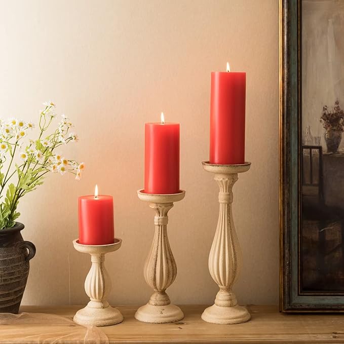 MOZEAL 3" x 4" Hand-Poured Unscented Candle,Dripless Pillar Candle Set of 3,Long Clean Burning,Approx 72 Hours Burn Time,Rustic Country Style,Wedding,Dinner,Christmas and Home Decor,Red