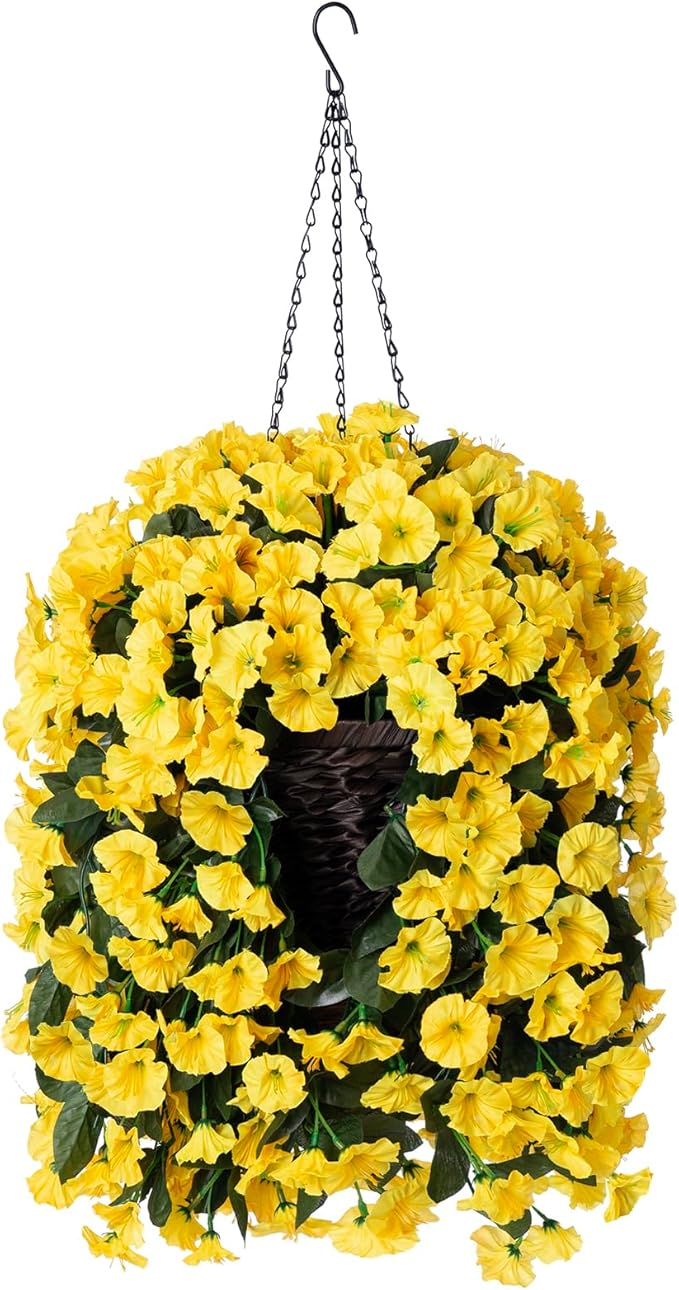 HyeFlora Artificial Fake Hanging Flowers Plants Baskets for Outdoor Outside, Faux Silk Yellow Morning Glory Flowers UV Resistant Look Real Hanging Planter for Home Porch Patio Balcony Yard Decor
