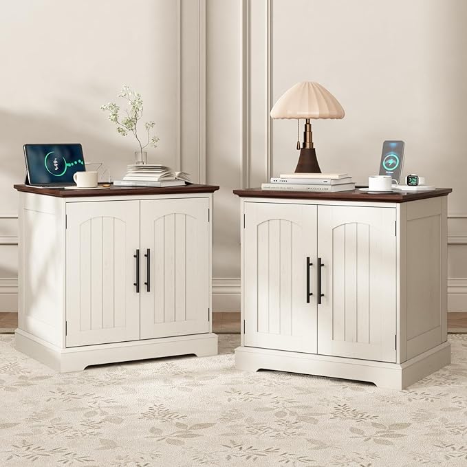 Rustic End Table with Charging Station, 24" Large Sofa Side Table with 2 Arched Doors, Farmhouse Wood Square Nightstand Bedside Tables with Adjustable Storage Shelf for Living Room, Bedroom