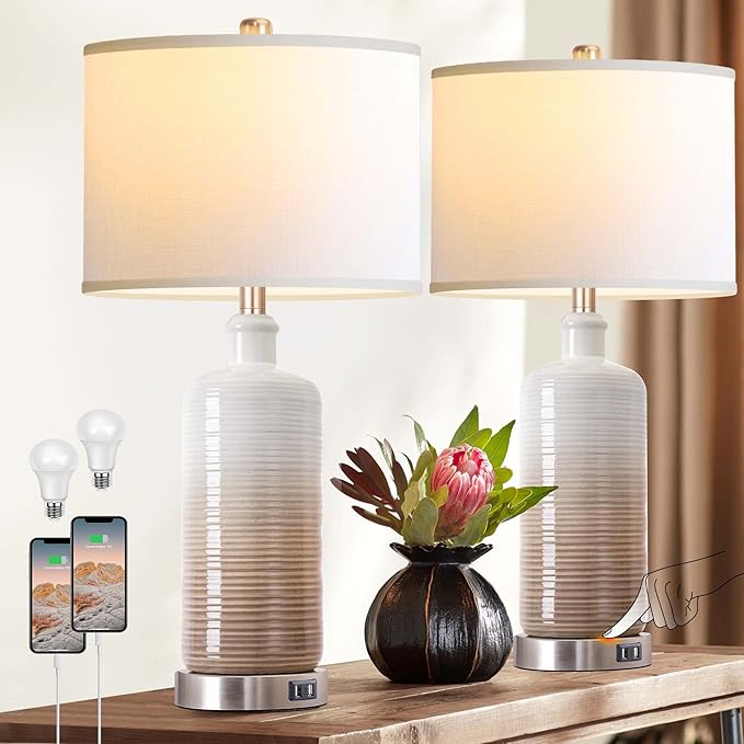 Ceramic Table Lamps Set of 2 with Dual USB Charging Ports, 3-way Dimmable Touch Control Bedside Lamps for Bedroom Living Room, Contemporary Nightstand Lamps with White Linen Drum Shade Bulbs Included