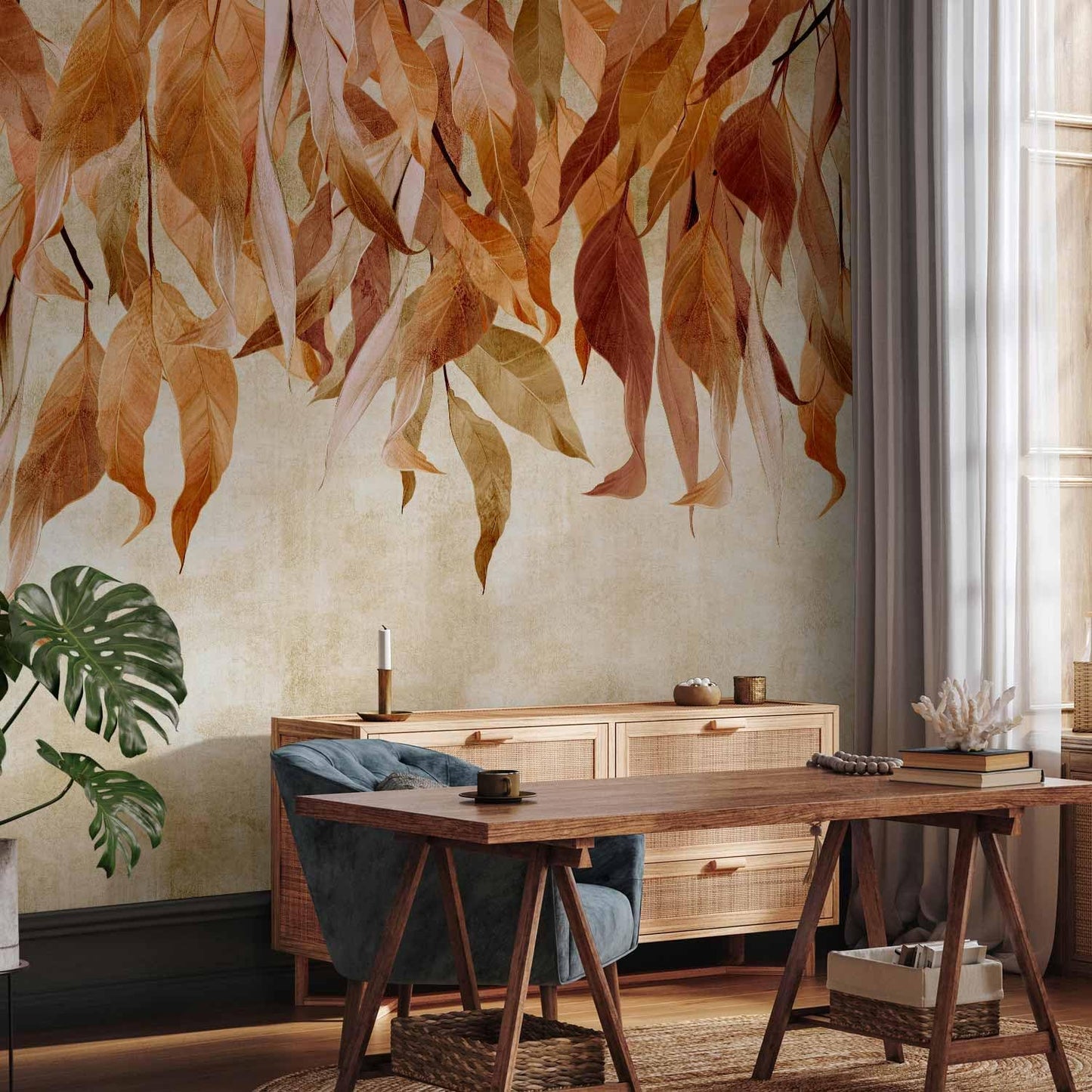 artgeist Premium Wall Mural Hanging Leaves 98x69 in - Non-Woven Wallpaper Fleece Wall Decor Photo Print Picture Image Design Nature Botanical Concrete Orange Beige b-C-10146-a-c