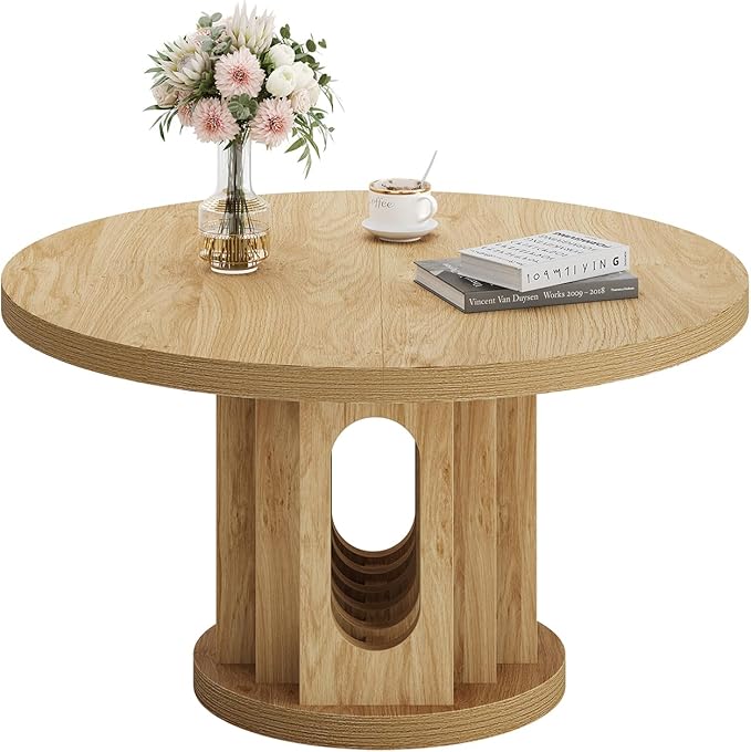 31.5" Round Coffee Table, Small Wooden Circle Center Table Hole Panel Splice Design Coffee Tables for Living Room, Thickened Edge MDF Board, Natural Oak