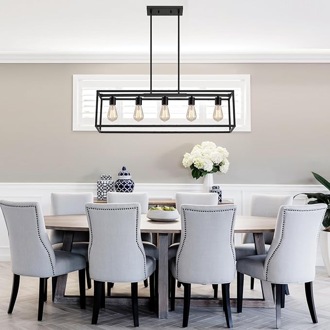 5-Light Dining Room Light Fixture,Black Farmhouse Kitchen Island Lighting,Rustic Pendant Light Over Table with Adjustable Rods,Modern Linear Chandeliers for Dining Room Kitchen Island