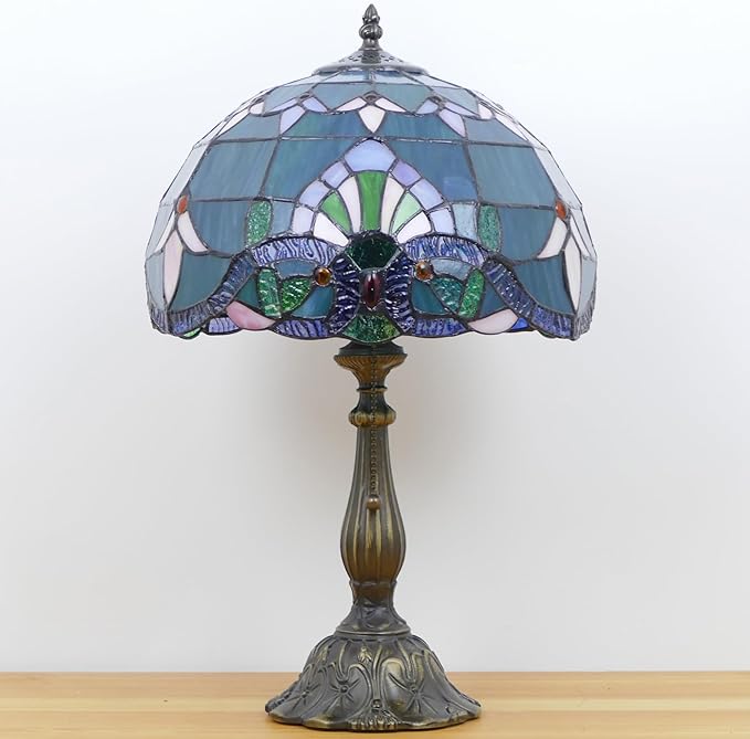 Tiffany Lamp Stained Glass Table Lamp Antique Bedside Reading Light W12H19 Inches (Baroque Style)