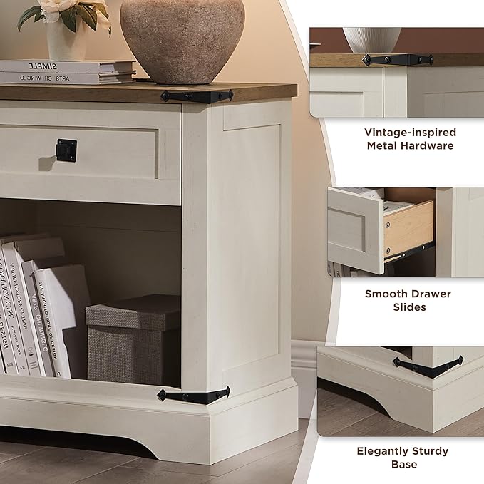 T4TREAM 24" Farmhouse Nightstand with Charging Station Set of 2, Large End Table with Drawer and Open Storage Cabinet, Rustic Wood Bedside Table Sofa Table for Bedroom, Antique White