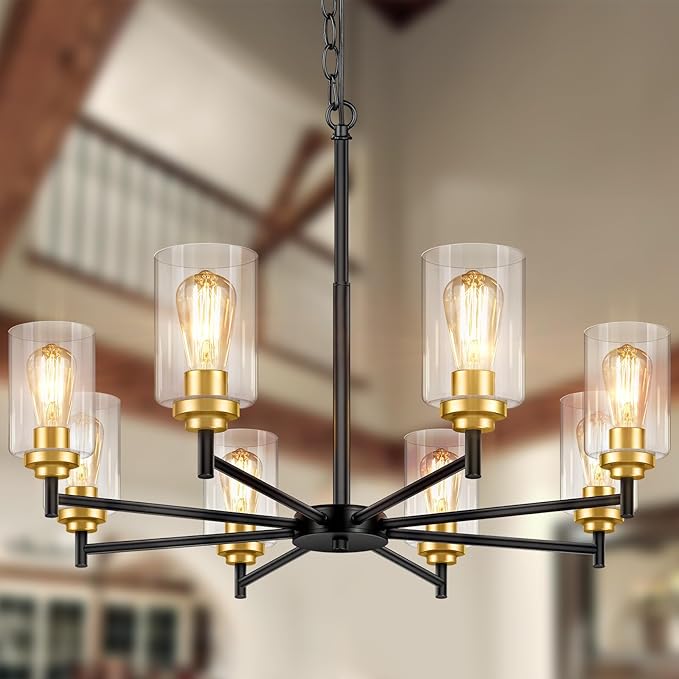Sucolite 33.5'' 8-Light Chandelier for Dining Room Kitchen Island, Modern Farmhouse Pendant Lighting with Glass Shades Industrial Black Hanging Ceiling Light Fixture for Living Room, Height Adjustable