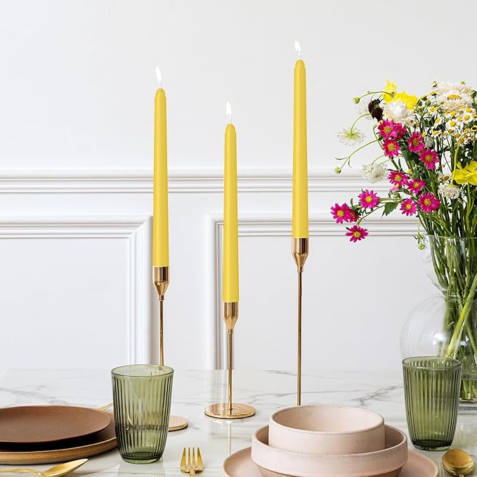 4 Pack Yellow Taper Candles - Taper Candles 10 Inch Dripless, Smokeless & Unscented - 8 Hours Long Burning - Ideal for Weddings, Dinner Parties, and Home Decor