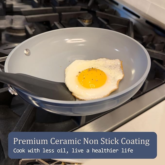 Nonstick Ceramic Sautรฉ Pan w/Lid (4.5 qt, 11") Deep Frying Pan for All Cooktops Non Toxic Skillet PTFE/PFOA/PFAS Free, Even Heat Distribution Stainless Steel Stay-Cool Handle, Navy Blue