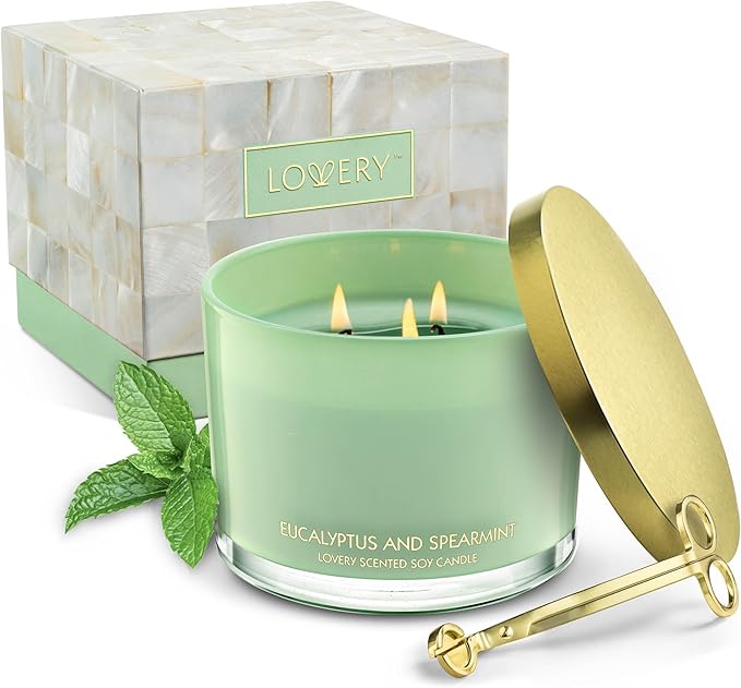 Christmas Eucalyptus Spearmint 3 Wick Candle Set with Candle Wick Trimmer, Pure Soy, Strong Smelling Candles for Home Scented Bath & Bedroom, Large Candle Gift Set for Women, Mom, Sister, Coworkers