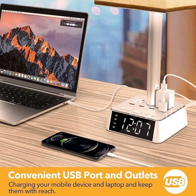 Yostyle Table Lamp Bedside Lamp with 4 USB Ports and AC Power Outlets, Alarm Clock Base w/ 5Ft Extension Cord, Square Oatmeal Fabric Lampshade Modern Accent Nightstand Lamps for Bedrooms Living Room