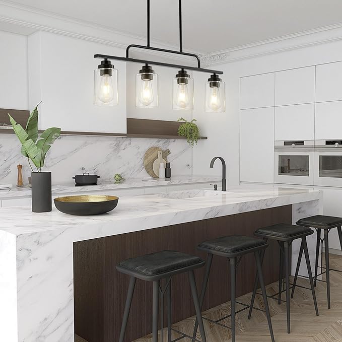 Dining Room Light Fixture - Black 4-Light Farmhouse Chandelier Kitchen Island Lights Fixtures Modern Linear Chandeliers Hanging Pendant Lighting Over Table for Dining Room